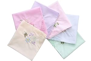 NYGGTYK Lot de 6 mouchoirs pour femme, style rétro, en coton doux, mouchoirs brodés (blanc/rose/jaune/bleu clair/violet clair/vert clair), Blanc., taille unique