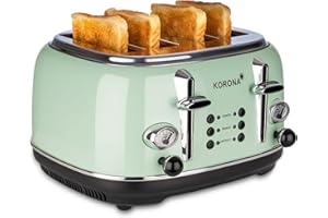 Korona 21675 Tostapane Con 4 Fette, Scongelamento, Riscaldamento, 1630 Watt, Accessorio Per Panini, Cassetto Raccogli Briciole, Centraggio Del Disco Del Pane, Menta