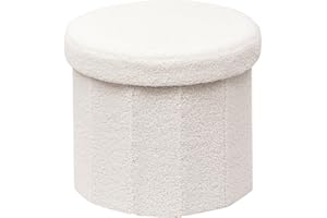 Bonlife White Boucle Ottoman with Storage,Foldable Footstool for living room,Toy Chest,Storage Seat Teddy Round Shape Footrest,38X38X33.5cm