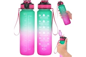Livhome 1L Leakproof Hourly Water Bottle, BPA-Free Plastic Bottle with Straw, Time-Marking Intake Tracker, Motivational Gym & Sports Hydration Bottle for Adults (Green/Pink)