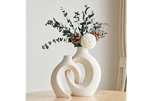 Vzmiza Hollow White Ceramic Vase Set of 2, Decorative Flower Vase for Pampas Grass, Nordic Modern Boho ins Style Donut Vase for Flowers, Home Living Room, Aesthetic Flower Vase for Farmhoue (White)