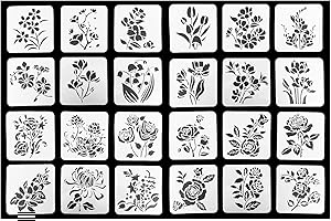 CZAKOMIX Blumen Schablonen Zum Malen 24Stück,4 Stile,Wiederverwendbare Kunststoff Zeichenschablone,13*13cm Malschablonen,Für Diy Scrapbooking,Fotoalbum,Holz Möbel Deko -Rosen,Tulpen,Lotus,Maiglöckchen