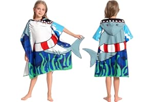 OLAOLA Poncho de Bain à Capuche pour Enfants Serviette de Plage Microfibre Peignoir à Langer Serviettes de Bain Absorbantes pour Enfant Poncho de Natation pour Garçons Filles 3-12 Ans, Grand Requin