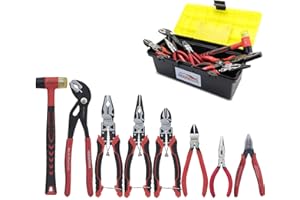 HOUSERAN Plier Set,8-Piece Tool Set with Case Including 10” Groove Joint Pliers,8.3” Long Nose,8.3” Linesman,7.5” Diagonal,6” Flush Cutter,5” Long Nose,5” 170 Cutter,Rubber Mallet for DIY & Home Use