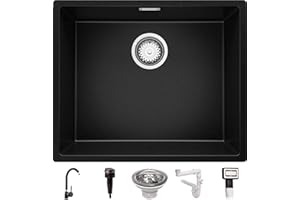 Fregadero bajo Encimera Negro 56 x 47 cm, Fregadero Granito Un Seno + Grifo + Sifón Automático, Fregadero Cocina London 60 de Primagran