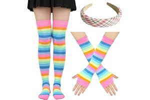 FOSDICK Regenbogen Overknees Strümpfe Damen, Gestreifte Overknee Strümpfe, Kniestrümpfe Damen Bunt, Lange Kniestrümpfe Regenboge, Fingerlose Handschuhe, Bunte Haarreif, Kostüm Damen Fasching