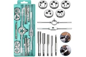 BUZIFU 12 Teilig Gewindeschneidsatz Metrisch Profi Gewindeschneider Gewindebohrer Set mit Schraubenschlüssel Schneideisen Kohlenstoffstahl Handgewindebohrer für Innengewinde Außengewinde