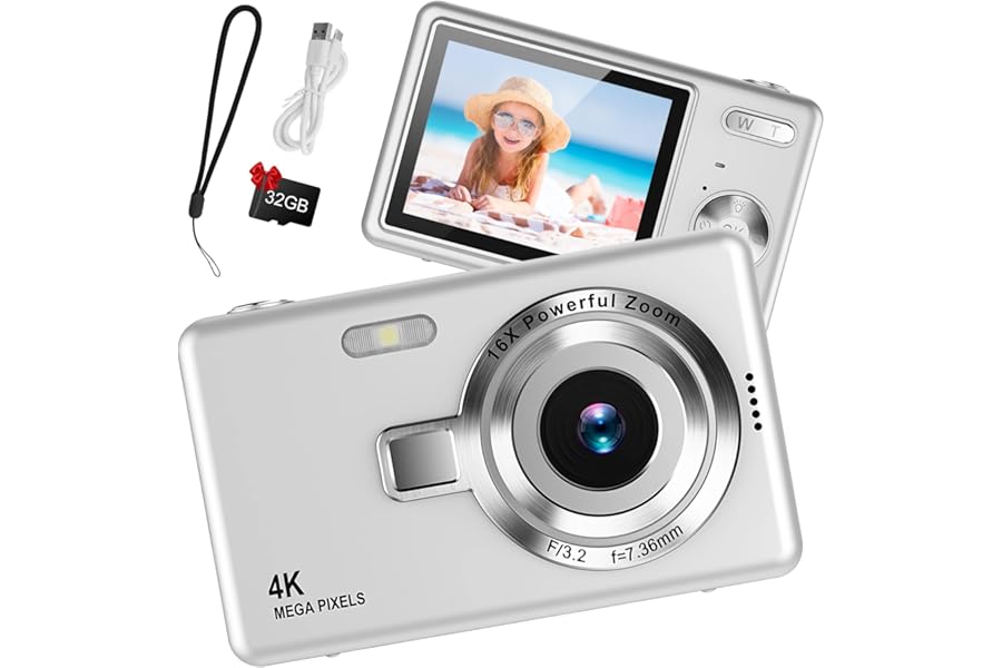 Digital Camera 1080P FHD 44MP with 2.4" LCD Screen,16X Digital Zoom, Compact Portable Vlogging Camera with 32gb SD Card for Kids Teen Students Beginner (Silver)
