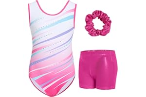 Gogokids Dziewczęcy trzyczęściowy zestaw gimnastyczny z szortami, trykot gimnastyczny dla dzieci bez rękawów, z kamieniami szlachetnymi, błyszczący strój gimnastyczny z kolorowymi blokami, atletyczna