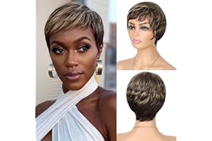 Fereowth Courte Pixie Perruque Femme Naturelle Perruque Courte en Cheveux Humains Short Human Hair Wig Droit Brésilienne Couche Cheveux avec Frange Perruques (4/27#)