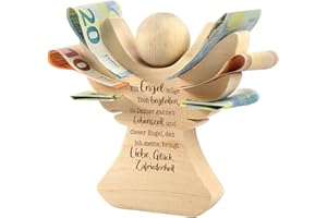 ‎CASA VIVENTE Holzengel mit Gravur, Taufgeschenk, Personalisierte Dekofigur mit Namen und Datum, Geldgeschenk für Jungen und Mädchen, Holz Engel Figur, Verpackung für Geldgeschenke zur Taufe, Holzfiguren Geschenk