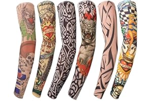 MiawPay 6 pcs Temporary Tattoo Arm Sleeves Stretchy Nylon Arts Fake Slip-on Arm Sunscreen Sleeves Outdoor Sunscreen Riding Cycling Elbow Braces Body Art Arm Stockings Slip Accessories for Men Women