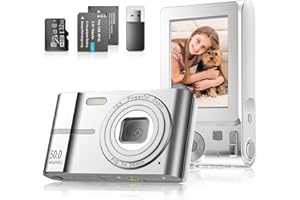 Hlieeosfcn Digital Camera 1080P 50MP,4K Compact Cam-era with 32GB Card,1400mAh Battery, 16X Digital Zoom Small Cam-era with 2.4" LCD Screen,Auto Focus Timed Vlogging Camera (Silver)