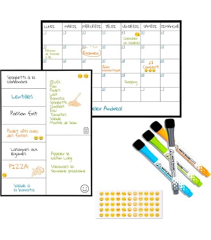 Calendrier Magnétique Frigo Semaine + Mois - Effaçable 4 Pièces - Planning Famille