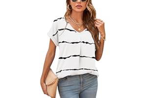 Yommay Blouses for Womens V Neck Ladies Tops Summer Chiffon Blouses Tops Short Sleeve Casual T Shirts