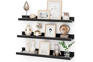 FEIHORRM Floating Shelves Set of 3, 60 cm Black Floating Shelves Wood Wall Mounted Shelf Picture Ledge Shelf Kids Bookshelf for Living Room Kitchen Bedroom Bathroom Photo Display Home Organization & Wall Decor