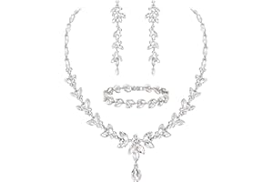 Ever Faith Austrian Crystal Bridal Bridesmaid Jewelry Sets, Elegant Marquise Rhinestone Leaf Necklace Dangle Earrings Tennis Bracelet Set for Women