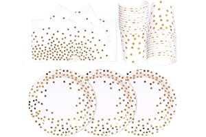 PYAILI Anniversaire Vaisselle de fete 72 Pièces Or Blanc Party Assiettes en Papier Set Assiettes de Fête Jetables Papier Tasses Serviettesr, pour Barbecue les Fêtes les Pique-niques -24 Invités