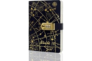 Lirener Diario Creativo de Cuero con Cerradura de combinación (patrón de Estrella), Cuaderno con contraseña Secreta A5, Diario con Bloqueo Digital, Cuaderno de bocetos, Agenda Diaria, 15x22cm