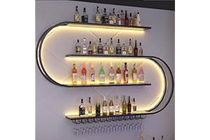 ‎AMHRICHO Wand montiertes Weinregal, halbrundes mehrschichtiges Weinregal mit Weinglashaken, Weinflaschen-Präsentationsregal aus Eisen, geeignet für Küche, Bar, Café (ohne Glühbirnen) (Black, 120 * 20 * 120CM)