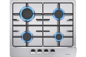 WEHIMO Piano Cottura a Gas 4 Fuochi Inox, Piano Cottura da Incasso 7200W, Slim Profile, Protezione Flame-Out, Gas Naturale/Propano/Butano