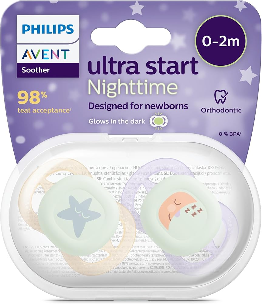 Philips Avent Ultra Start Nighttime Emzik, 0-2 Ay, Ortodontik, 2'li Set, Fosforlu, Yeşil-Mavi