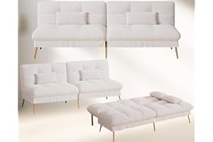 COMHOMA Divano Letto Pieghevole con Schienale Regolabile a 5 Posizioni, Divano Trasformabile Salvaspazio, Schiuma ad Alta Densità, Tessuto effetto peluche, Bianco