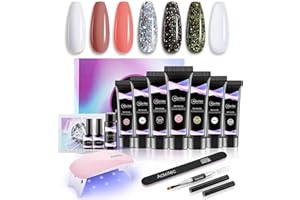 Kit de Esmalte de Uñas, Aokitec Kit de Gel de Extensión de Uñas Set Gel Adhesivo de Uñas DIY Acrílico, 7 Colores de Esmalte de Uñas y Gel de Extensión, Todo-en-1 Lámpara de Uñas LED UV de Salón