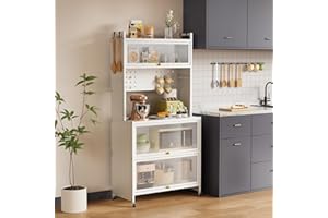 Warmiehomy Kitchen Storage Cabinets, Pantry Cupboard with 5 Tiers Bakers Rack, Shelves with Transparent Flip Door & 4 Rolling Wheels, 60x40x162cm, White