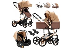 Reenborn 3 in 1 Pushchair Travel System, Baby Pram 3 in 1, Newborn Stroller with Two Reversible Pushing Modes, Toddler Buggy with Aluminum Frame, Infant Carriage with One-Click Folding (588 Khaki)