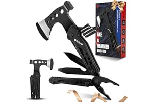 Regalos para hombres, BIBURY Hacha Multiherramienta de Bolsillo, accesorios portátiles para acampar, herramienta de hacha con martillo, alicates, silbato, varilla de magnesio para Acampar Caza