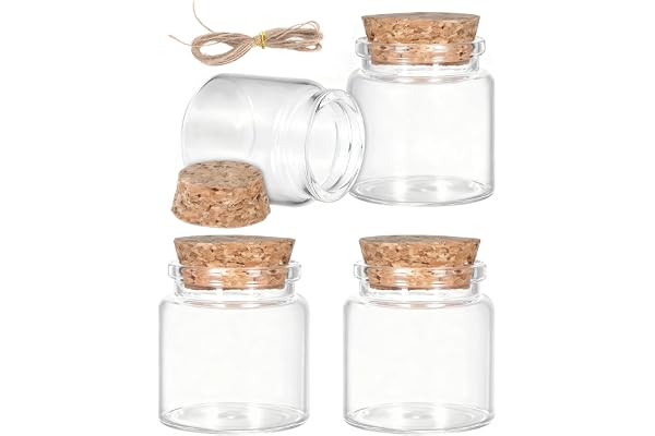 VOSSOT 4 st 50 ml miniglasflaskor med kork-set, små glasflaskor för fyllning för gör-det-själv, bröllopsdekoration, kryddburkar, bohostil, återanvändbara, dekoration partygåvor, tomteglasflaskor