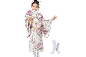 KRUIHAN Japońskie kimono dziecięce, tradycyjny japoński styl, Sakura, Yukata, sukienka dla dziewczynek, imitacja jedwabiu, satyny, kimono, dla dziewcząt, kostium cosplay, sukienka na imprezę, z zakładkami i skarpetami tabi