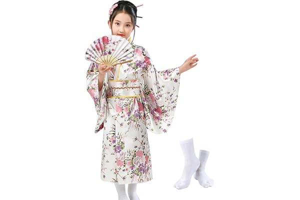 KRUIHAN Kimono Japonais pour Filles,Robe Yukata Japonaise,Robe Kimono Satin pour les Enfants,Robe de Soirée de Jeu de Rôle Anime pour les Filles avec Eventail Pliant et Chaussettes Tabi
