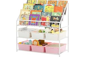 YEAKOO Large Kids Bookshelf With 6 Storage Box,5 Tier Metal Kids Bookcases Children's Toy Storage Rack, 6 Storage Boxes for Books Toys storage, Book Unit Storage for Playroom, Bedroom, Study Room.