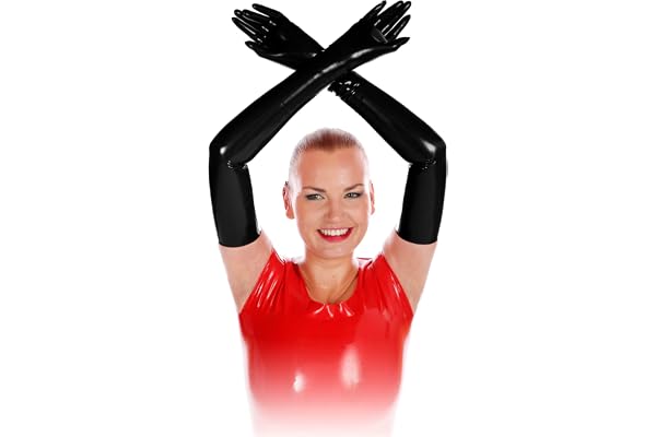 Rubberfashion Paire de gants sexy en latex pour pratiques sexuelles - femme et homme (unisexe) - long SECOND CHOIX - noir 0.4 Medium