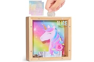MHJY Money Box for Kids, Wooden Piggy Banks for Girls Boys Unicorn Money Jar Coin Bank with DIY Alphabet Stickers