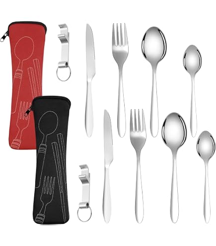 Lot De 2 Couverts De Camping 6 En 1 – Acier Inoxydable Pliable, Couteau-fourchette-cuillère-décapsuleur, Pour Randonnée