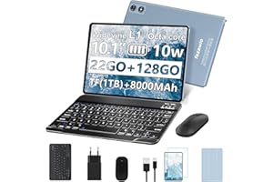 fezawio Tablette Tactile 10 Pouces Android 14, 22Go RAM+128Go ROM(Extensible 1To)|5MP+8MP|5G Wi-FI|Certifié Widevine L1|Processeur Octa-Core|8000mAh|Clavier+Souris+Coque de Protection Inclus (Gris)