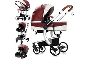 Reenborn PU-Leder Kinderwagen 3 in 1, Buggy mit Zwei Umkehrbaren Schiebemodi, Kinderwagen mit Rahmen Aluminiumlegierung, Kombikinderwagen 3 in 1 Komplettset mit Ein-Klick-Faltdesign (518 Red)