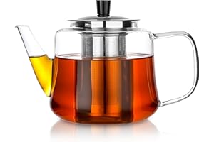 Glass teapot with Infuser, Ehugos 1000ml Stovetop Safe Hand Crafted Clear Glass Teapot with Removable Infuser for Loose Leaf Tea and Blooming Tea