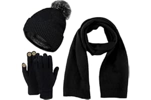 WINGFLY Damen Bommelmütze, Schals, Handschuhe, Set, Thermo, Winter, warm, Strickmütze, Halswärmer und Touchscreen-Handschuhe, Unisex