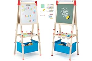 ‎GOPLUS GOPLUS 3-in-1 Staffelei für Kinder, doppelseitige Kindertafel mit magnetischem Whiteboard, Papierrolle, Ablage & Malzubehör, höhenverstellbare Standtafel mit Aufbewahrungstasche für Kinder 3-8 Jahren