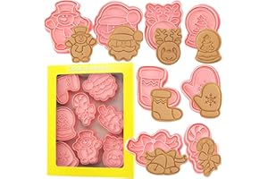 Crethink - Set di 8 tagliapasta per biscotti in plastica, testa di Babbo Natale, pupazzo di neve, guanti, campane, canne, calze natalizie, testa di renna, palla di cristallo
