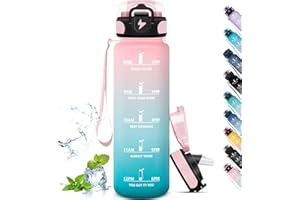 Grsta Botella Agua, Botella Agua 1 Litro, Cantimplora Gimnasio con Marca de Tiempo, con Pajita, Fácil de Limpiar, Cantimplora Motivacional para Gimnasio, Bicicleta, Yoga, Rosa-Cian