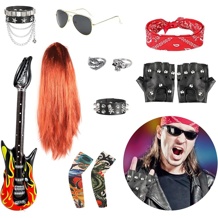 10-teiliges Rock & Punk Kostüm Zubehör Set | Inkl. Bandana, Tattoo-Ärmel, Handschuhe & Mehr