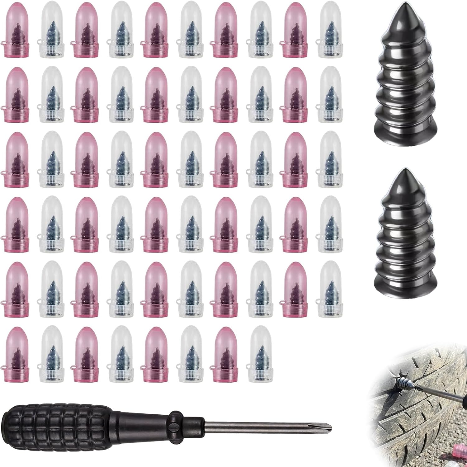 Jetstream 60 Piezas Clavos de Reparación de Neumáticos al Vacío, Clavo de Goma para Neumáticos, Incluye Destornillador, Adecuado para Automóviles, Motocicletas y Bicicletas (30S, 30L)