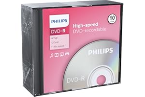 Philips DVD-R High-Speed (4,7 Go / 120 Minutes de vidéo, Vitesse 1-16x, Slim Case 10 pièces)