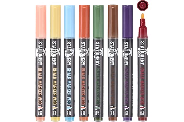 Stationery Island Marqueurs Tableau Blancs, Marqueur Craie Couleurs liquide Pointe Fine 3mm, Feutre Craie Stylos Humides ou Sec Effaçables Pack de 8, Pour Vitres, Verre, Bistro, Enseignes
