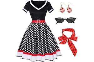 Tutukyle 50's Vintage Rockabilly Robes Femme Manches Courtes Col V Polka Dot Swing Robe Coctail avec Lunettes Polka Dot Bandeau Boucles d'oreilles Robe de Fête A-Line Robe de Bal Rétro Carnaval Fête